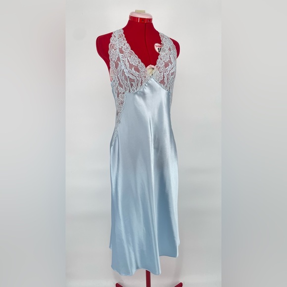 Icy Blue Lacey Satin Midi Length Slip Nightgown With Sheer Lace Panels - Picture 5 of 11